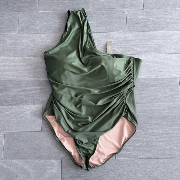NWT J Crew Ruched One Shoulder One Piece Swimsuit Safari Olive Green Swim 22 - Picture 5 of 15